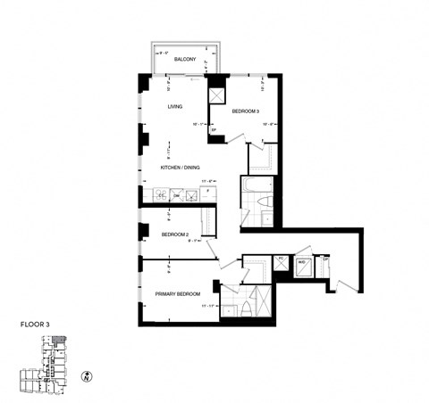 Floor plan for 3 beds, 2 baths, 965 sqft